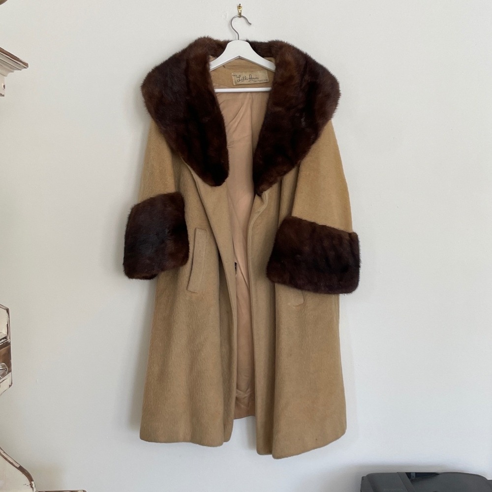 Vintage Lilli Ann Tisse a Paris Wool Coat Real Mink Fur Trim Camel Tan 1950s 60s